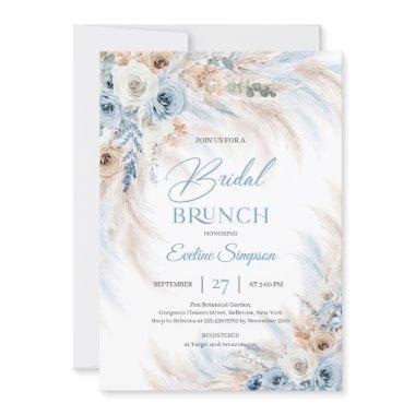 Blue Floral and Ivory Roses Pampas Bridal brunch Invitations