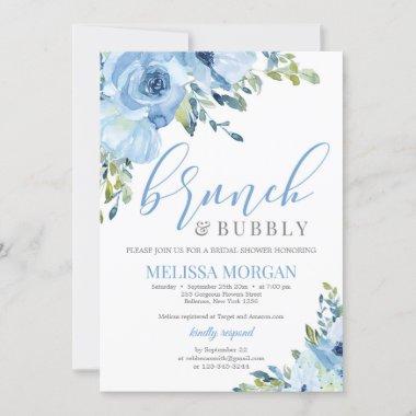 Blue floral bouquet brunch and bubbly Invitations