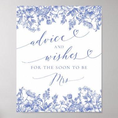 Blue Floral Bridal Shower Advice and Wishes Sign