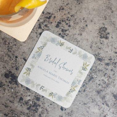 Blue Floral  Custom Script Square Paper Coaster