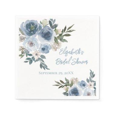 Blue Floral Dusty Blue Watercolor Bridal Shower Napkins