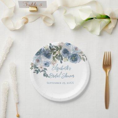 Blue Floral Dusty Blue Watercolor  Paper Plates