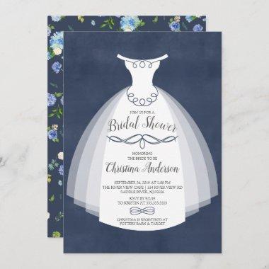 Blue Floral Elegance Bride Gown Bridal Shower Invitations