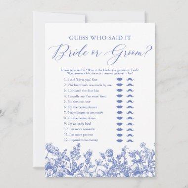 Blue Floral Guess Who Said It Bride or Groom Game Invitations