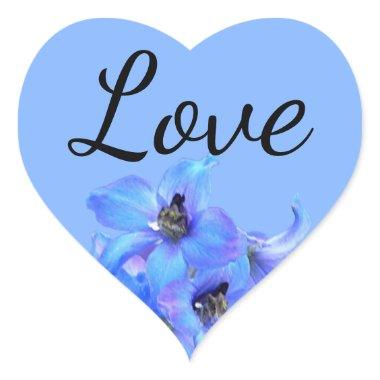 Blue Floral Larkspur Summer Wedding Love Heart Sticker