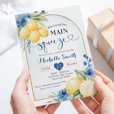 Blue floral Lemon Main Squeeze Bridal shower Invitations