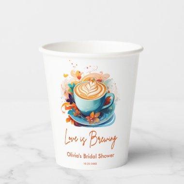 Blue Floral Love is Brewing Coffee  Paper Cups