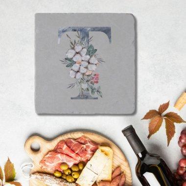 Blue Floral Monogram Initial T Trivet