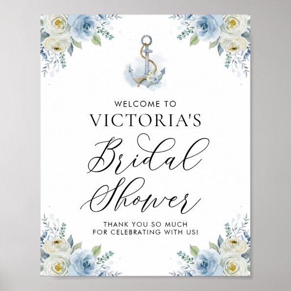 Blue Floral Nautical Bridal Shower Welcome Poster
