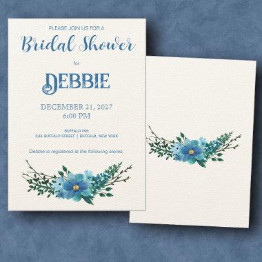 Blue Floral on White Bridal Shower Invitations