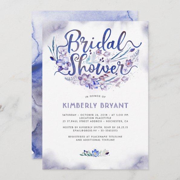 Blue Floral Script Watercolor Bridal Shower Invitations