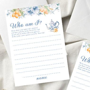 Blue Floral Tea Party Who Am I Bridal Shower Game Invitations