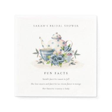 Blue Floral Teapot Tea Fun Facts Bridal Shower Napkins