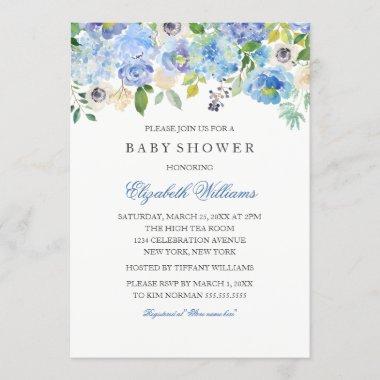 Blue Floral Watercolor Boy Baby Shower Invitations
