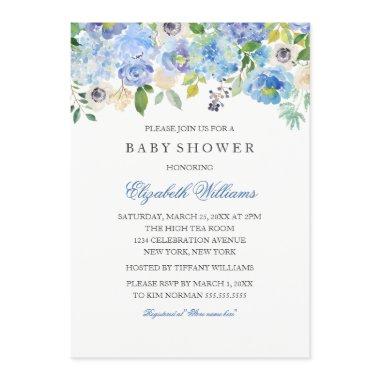 Blue Floral Watercolor Boy Baby Shower Invitations