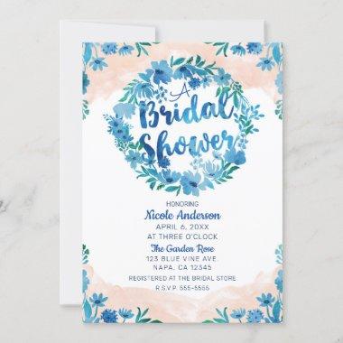 Blue Floral Watercolor Flowers Bridal Shower Invitations