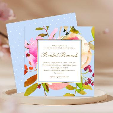 Blue Floral Watercolor with Dots Bridal Brunch Invitations
