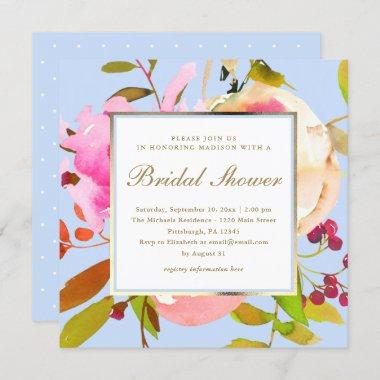 Blue Floral Watercolor with Dots Bridal Shower Invitations