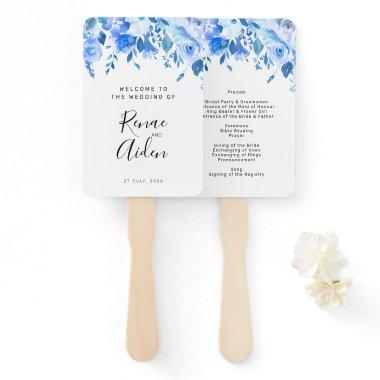Blue floral wedding program hand fan, blue floral hand fan