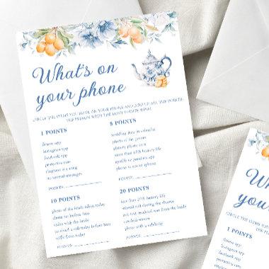 Blue Floral What's On Your Phone Bridal Game