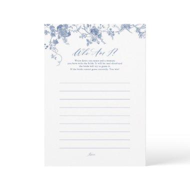 Blue Floral Who Am I Bridal Shower Game Invitations