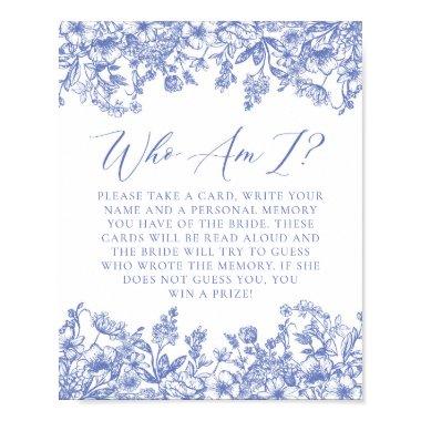 Blue Floral Who Am I Bridal Shower Game Sign