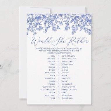 Blue Floral Would She Rather Bridal Shower Game Invitations