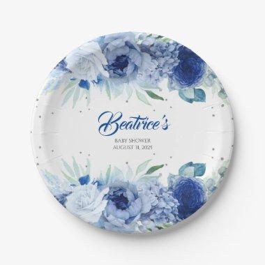 Blue Flowers and Silver Confetti Baby Shower Paper Plates