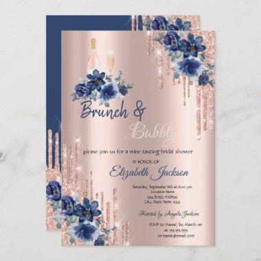 Blue Flowers Drips Brunch & Bubbly Bridal Shower Invitations