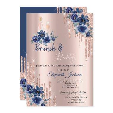 Blue Flowers Drips Brunch & Bubbly Bridal Shower Invitations