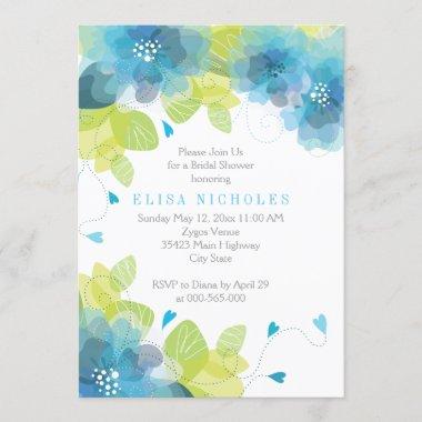 Blue flowers floral wedding bridal shower Invitations