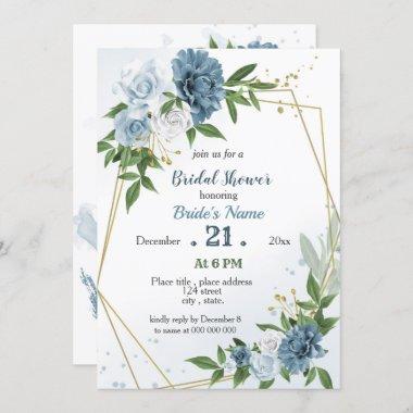 blue flowers greenery geometric bridal shower Invitations