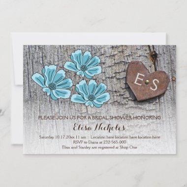Blue flowers, heart on wood bridal shower wedding Invitations