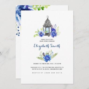 Blue Flowers Lantern Watercolor Bridal Shower Invitations