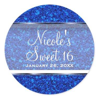 Blue Glitter Glam Sweet 16 Custom Party Favor Classic Round Sticker