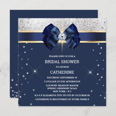 Blue glitter silver gold ribbon bow sparkle glam Invitations