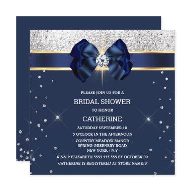 Blue glitter silver gold ribbon bow sparkle glam Invitations