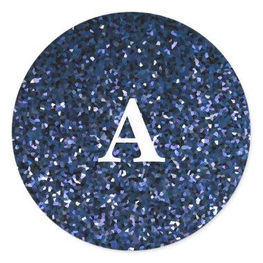 Blue Glitter White Monogram Initial Custom Name Classic Round Sticker