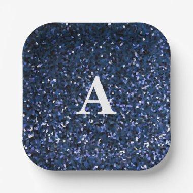 Blue Glitter White Monogram Initial Custom Name Paper Plates