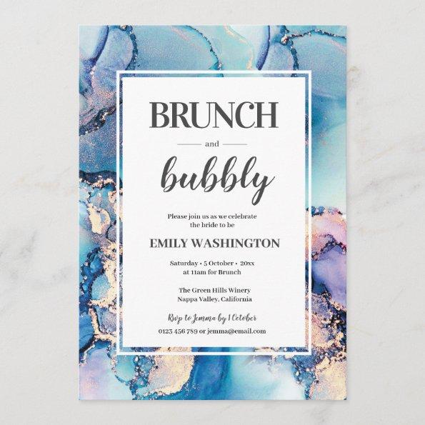 Blue gold Brunch & Bubbly Bridal Shower Invitations