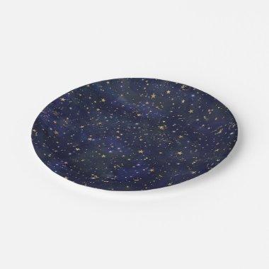 Blue & Gold Celestial Stars Whimsical Watercolor Paper Plates