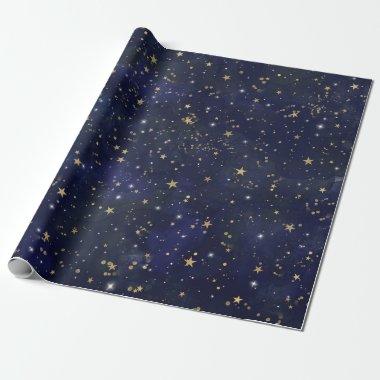Blue & Gold Celestial Stars Whimsical Watercolor Wrapping Paper