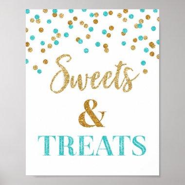 Blue Gold Confetti Sweets & Treats Dessert Table Poster
