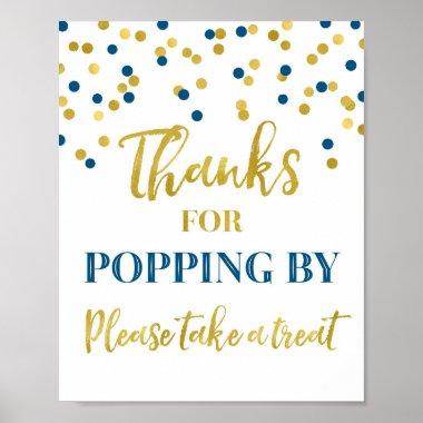 Blue Gold Confetti Thanks for Popping By Sign
