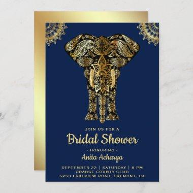 Blue Gold Elephant Indian Bridal Shower Invitations