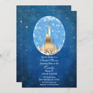 Blue Gold Fairy Tale Castle Sparkle Bridal Shower Invitations