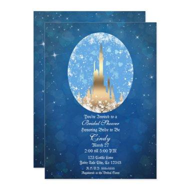 Blue Gold Fairy Tale Castle Sparkle Bridal Shower Invitations