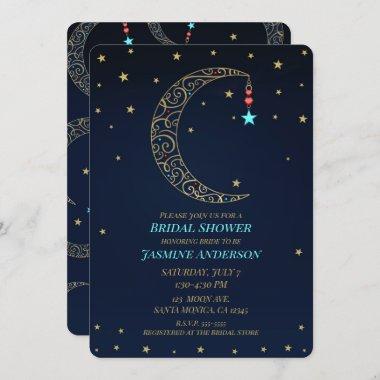 Blue Gold Filigree Moon Celestial Bridal Shower Invitations