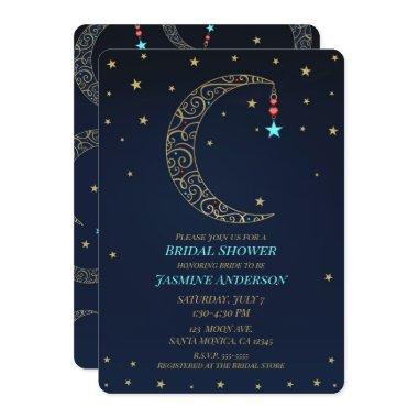 Blue Gold Filigree Moon Celestial Bridal Shower Invitations