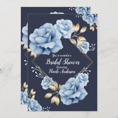 Blue & Gold Floral Botanical Bridal Shower Invitations